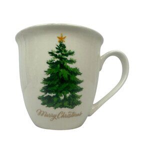 Merry Christmas Ceramic Mug With Festive Green Tree Design Gold Script 12 Oz